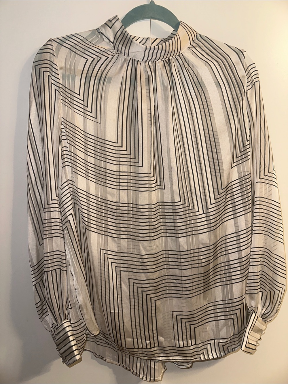 H&M Cream and Black Geometric Mock-Neck Blouse